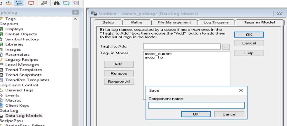 set component name of of data log model